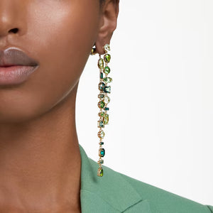 Gema drop earrings Asymmetrical design, Mixed cuts, Extra long, Green, Gold-tone plated