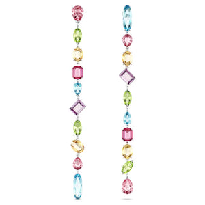 Gema drop earrings Asymmetrical design, Mixed cuts, Extra long, Multicolored, Rhodium plated