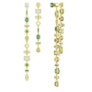 Gema drop earrings Asymmetrical design, Mixed cuts, Extra long, Green, Gold-tone plated