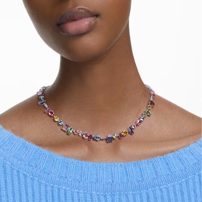 Gema necklace Mixed cuts, Multicolored, Rhodium plated