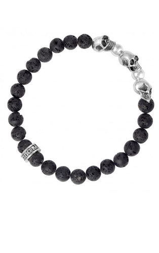 8 mm Lava Rock Bead Bracelet w/ 3 Skulls and 2 Silver Beads