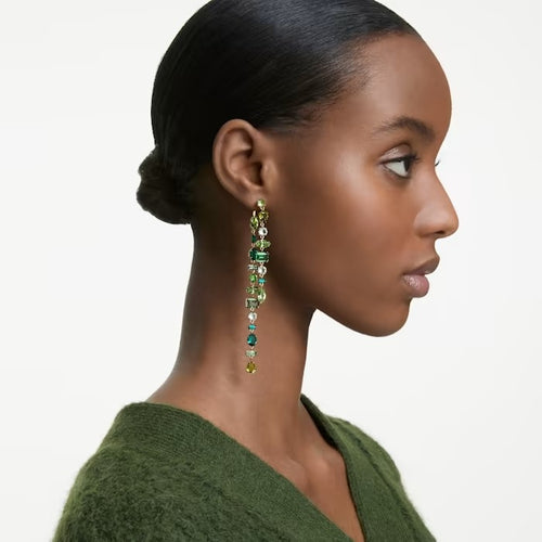 Gema drop earrings Asymmetrical, Long, Green, Gold-tone plated